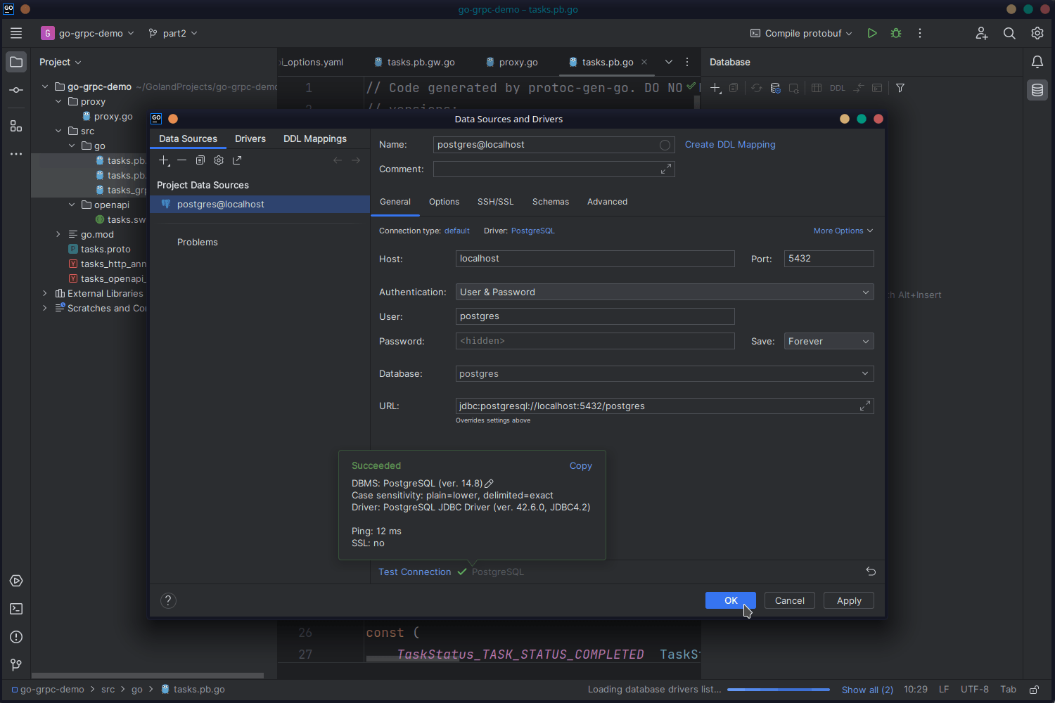 The database connection configuration window
