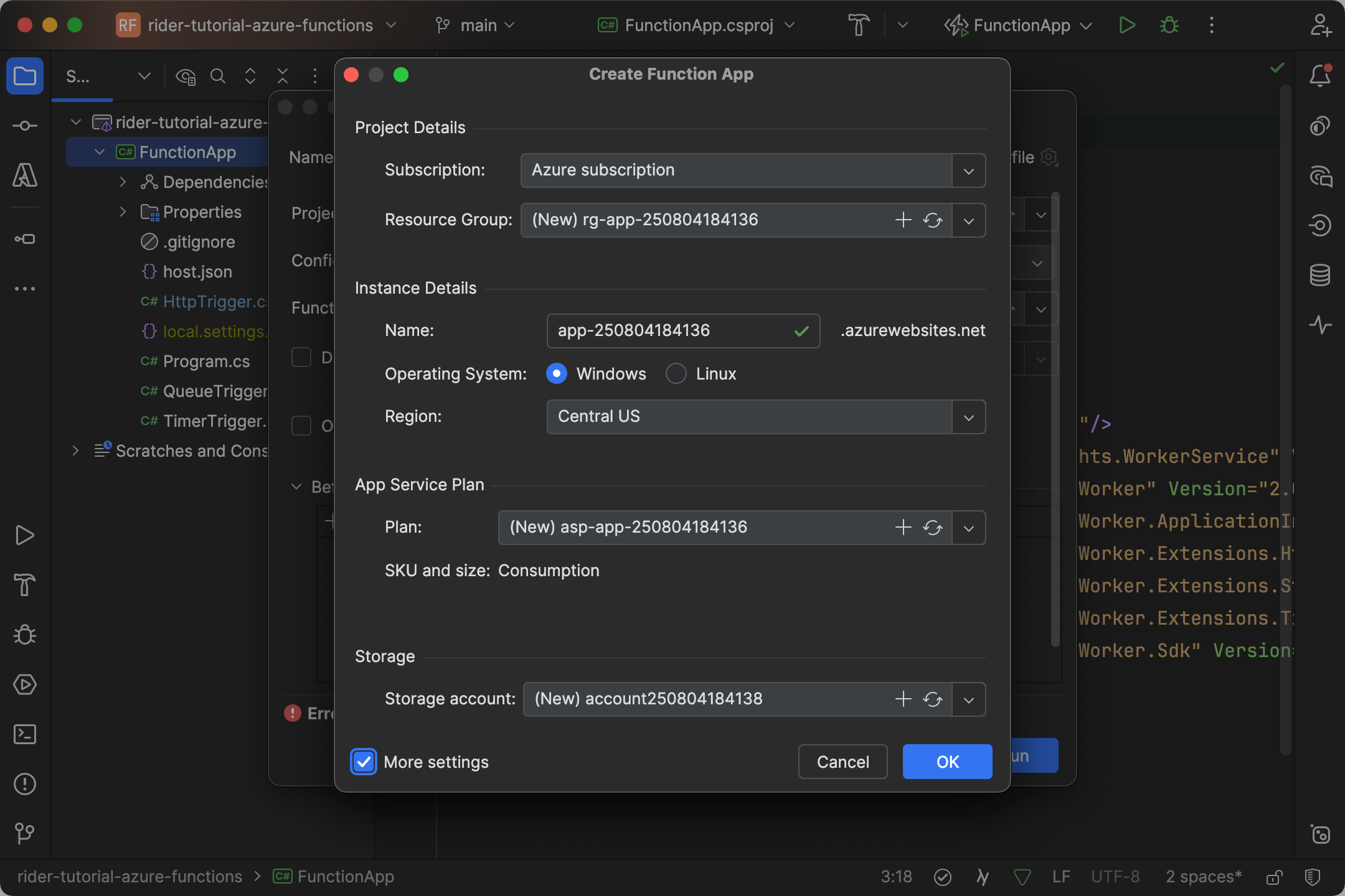 Create Function App Dialog