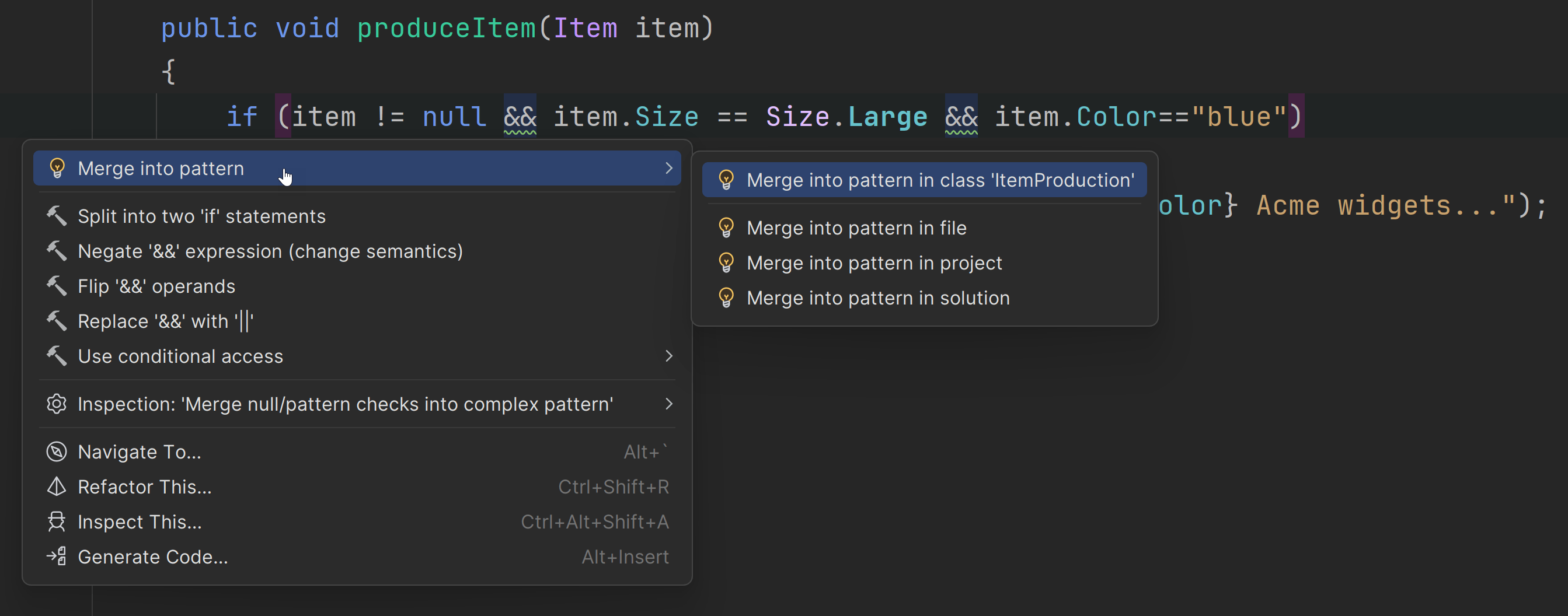 Rider IDE showing the refactoring for property pattern matching